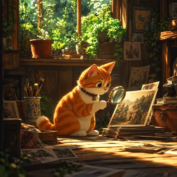 Illustrated cat in a rustic room before enhancement