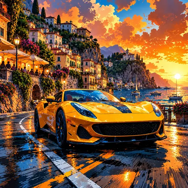 Illustrated yellow sports car in a coastal city before enhancement