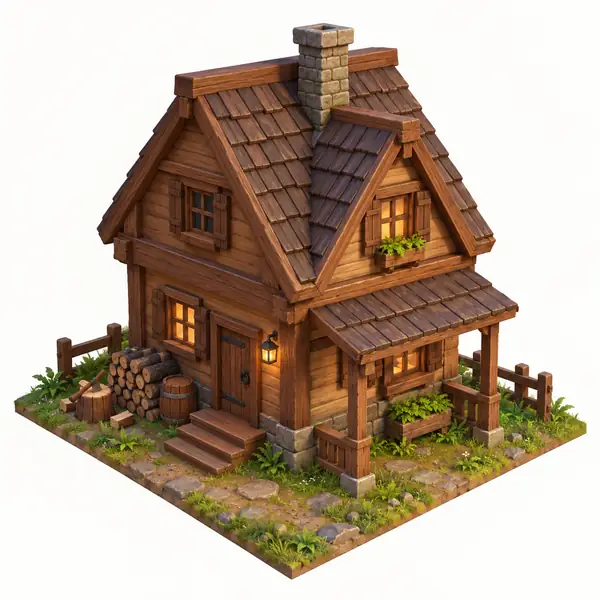 Small 3D wooden house game asset before enhancement